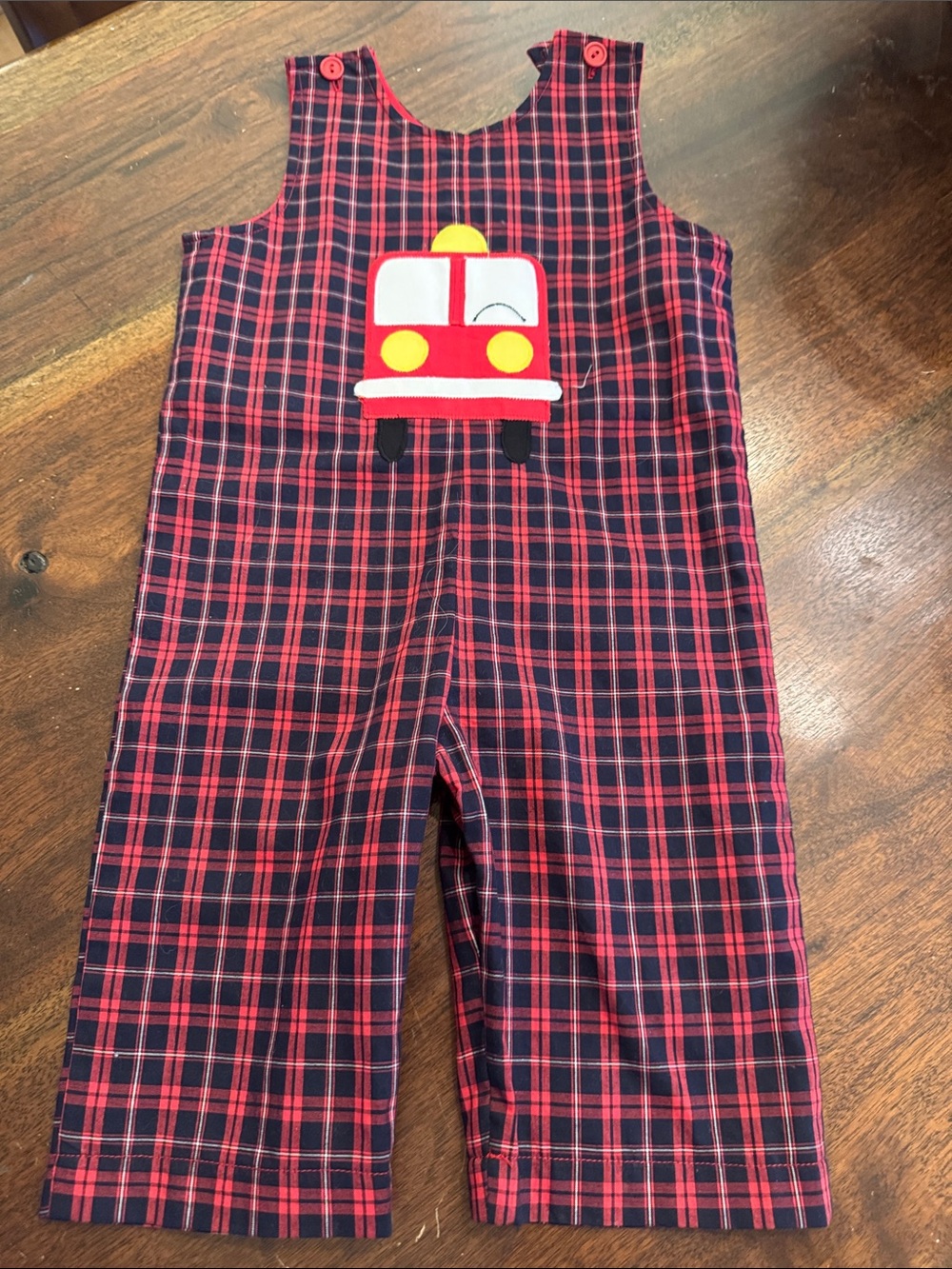 Funtasia too! Children's Red Plaid Overalls with Fire Truck Applique